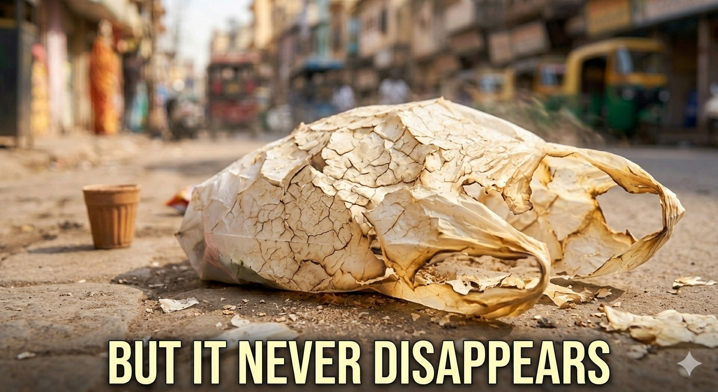 Plastic bag on street — conventional plastic never fully disappears